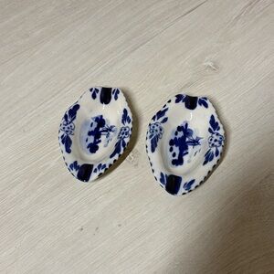 Delft Style Blue White Vintage Aesthetic Ceramic Trinket Dish Pair Home Decor